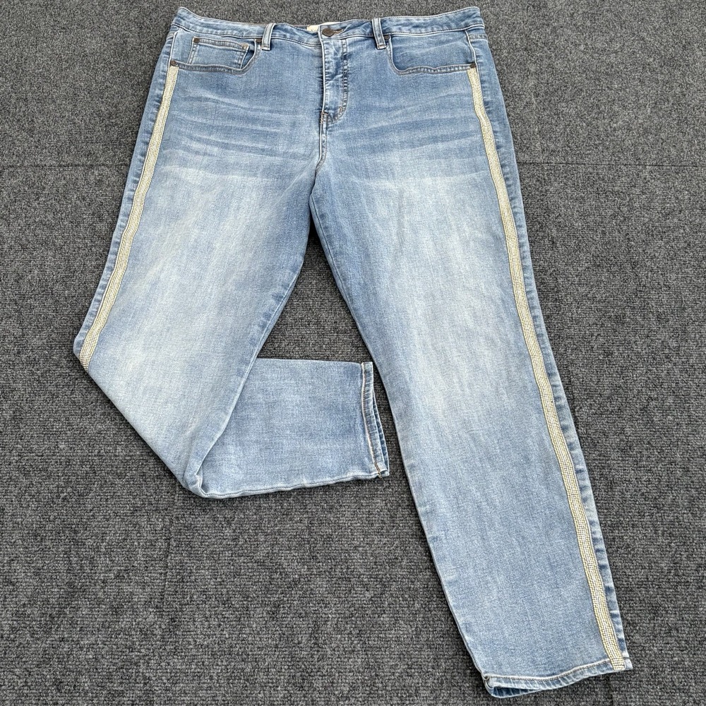 Soft Surroundings Blue, Slim Fit Straight  Leg Jeans with Rhinestone Side Stripe